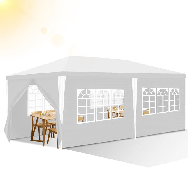 Gazebo impermeabile da giardino con 6 pannelli laterali, Plastica, tenda da campeggio per giardino, protezione solare, tenda per feste, bancarelle, festival, colore bianco, 3 x 6 m