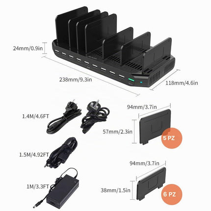 Alxum 10 Multipla Porte Stazione di Ricarica 60W con Carica Rapida QC3.0, Caricabatteria Multiplo USB Caricatore Multiplo Smartphone con divisori staccabili, Nero