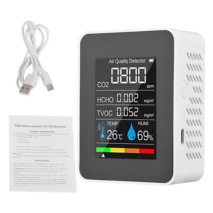 Misuratore di qualità dell'aria Monitor di qualità dell'aria per / HCHO/TVOC/TEMP/HUMI Multifunzionale 5 in 1 Rilevatore di anidride carbonica Dati in tempo reale e Registrazione della media