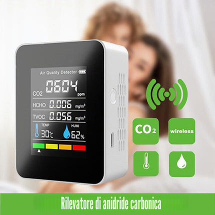 Misuratore di qualità dell'aria Monitor di qualità dell'aria per / HCHO/TVOC/TEMP/HUMI Multifunzionale 5 in 1 Rilevatore di anidride carbonica Dati in tempo reale e Registrazione della media