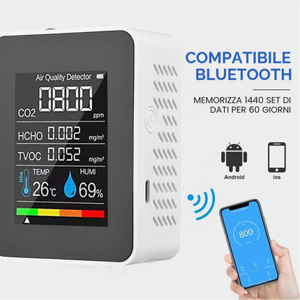 Misuratore di qualità dell'aria Monitor di qualità dell'aria per / HCHO/TVOC/TEMP/HUMI Multifunzionale 5 in 1 Rilevatore di anidride carbonica Dati in tempo reale e Registrazione della media
