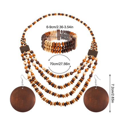Set di 3 gioielli da donna con perline in legno di Boemia, multistrato, collana, orecchini, braccialetto, etnico, tribale, idea regalo, 1, Acciaio inossidabile, No