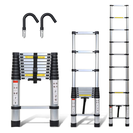 Scala telescopica in alluminio con gancio rimovibile 2,6 m, allungabile, in alluminio, antiscivolo, portata 150 kg, colore silver