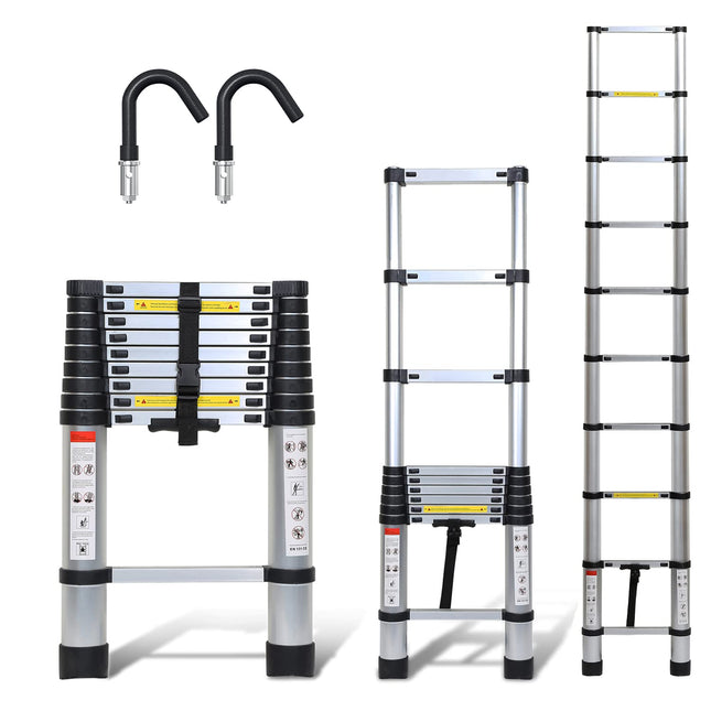 Scala telescopica in alluminio con gancio rimovibile 2,6 m, allungabile, in alluminio, antiscivolo, portata 150 kg, colore silver