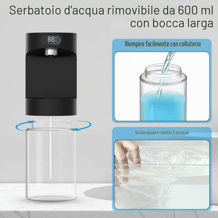 Dalugo Dispenser Automatico per Collutorio, 600ml Fissaggio a Parete, 2 Bicchieri Magnetici, Nero, Elettrico, Per Bambini e Adulti, Bagno