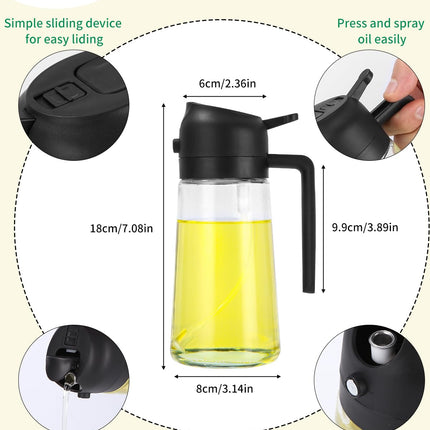 Spruzzatore 2 in 1,Spray Olio Cucina,470 ml Dispenser per Olio e Aceto,Spruzzatore Dispenser per Olio 2 in 1,Bottiglia Spray per Olio in Vetro con Pennello per Domestico,Grigliate,Cucina(Nero)