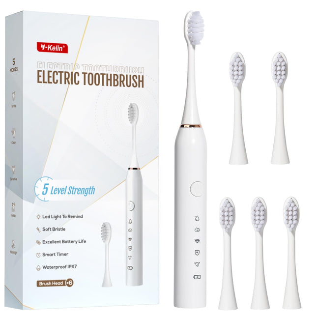 Spazzolino elettrico da 30.000 Vpm, ricaricabile, 6 testine, timer intelligente di 2 minuti, 5 modalità, con sbiancamento dei denti (Bianco)