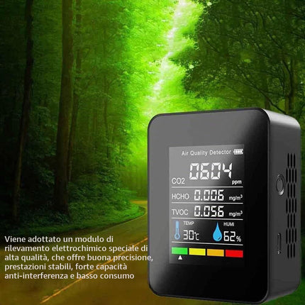 Misuratore di qualità dell'aria Monitor di qualità dell'aria per / HCHO/TVOC/TEMP/HUMI Multifunzionale 5 in 1 Rilevatore di anidride carbonica Dati in tempo reale e Registrazione della media
