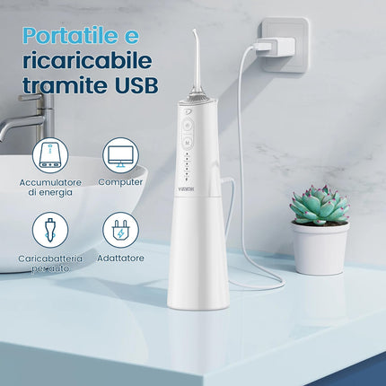 Vimmk Irrigatore Orale Senza Fili, Idropulsore Dentale ad Acqua con Irrigatore Orale Dentale Ricaricabile Impermeabile IPX7 per Viaggi a Casa (Bianco)
