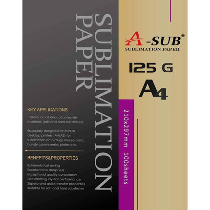 A-SUB Carta per sublimazione A4, 210x297 mm, 100 fogli, 125 g/m², Compatibile con stampanti a sublimazione EPSON, SAWGRASS, RICOH, BROTHER
