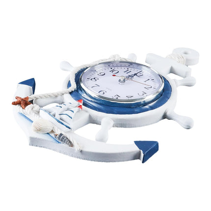 Alide Orologio con ancora in stile mediterraneo, orologi da esterno, orologio da parete con ancora nautica, volante di nave, rete da pesca, per decorazioni a tema spiaggia e mare
