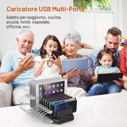 Alxum 10 Multipla Porte Stazione di Ricarica 60W con Carica Rapida QC3.0, Caricabatteria Multiplo USB Caricatore Multiplo Smartphone con divisori staccabili, Nero