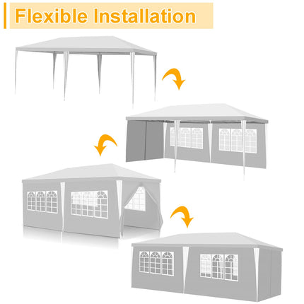 Gazebo Plastica impermeabile da giardino con 6 pannelli laterali, tenda da campeggio per giardino, protezione solare, tenda per feste, bancarelle, festival, colore bianco, 3 x 6 m
