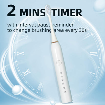 Spazzolino elettrico da 30.000 Vpm, ricaricabile, 6 testine, timer intelligente di 2 minuti, 5 modalità, con sbiancamento dei denti (Bianco)