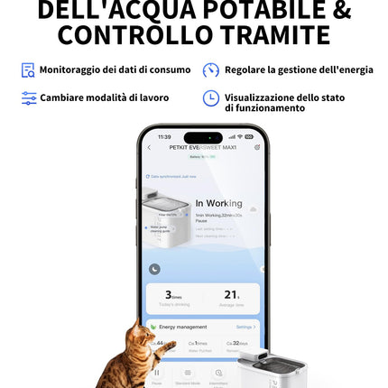 PETKIT EVERSWEET MAX Fontanella per Gatti Senza Fili, 3L Fontana per Gatti con Sensore,26dB Ultra Silenziosa, Controllo Intelligente dell'applicazione,5000 mAh 83 Giorni di Autonomia