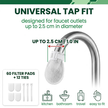60 Pezzi Filtro per Rubinetto Cucina, Filtri per Rubinetti Acqua in Cotone Addensato con 12 Fascette di Fissaggio, Filtro Sedimenti Acqua e Ruggine, Universale per Lavello, Bagno e Viaggio