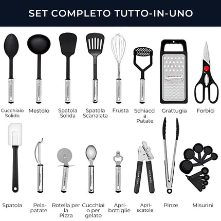 Utensili Cucina Set Termoresistenti al Calore e Antiaderente - Mestoli Spatola Cucchiaio Frusta Pinze Forbici (25 pezzi Nylon Set)