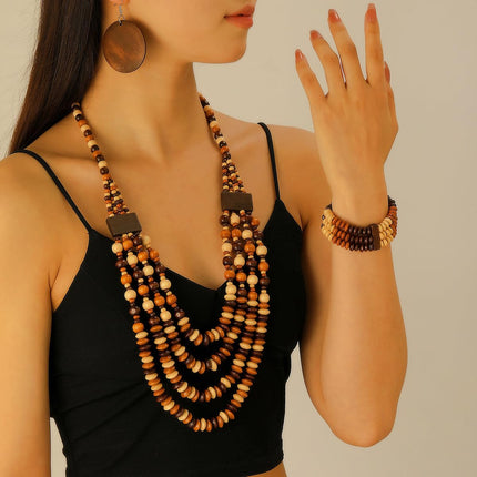 Set di 3 gioielli da donna con perline in legno di Boemia, multistrato, collana, orecchini, braccialetto, etnico, tribale, idea regalo, 1, Acciaio inossidabile, No