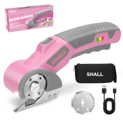 SHALL Forbici elettriche senza fili 4V con blocco di sicurezza, luce LED e lama di ricambio – Taglierina rotante ricaricabile per tessuto, pelle, moquette, cartone e plastica