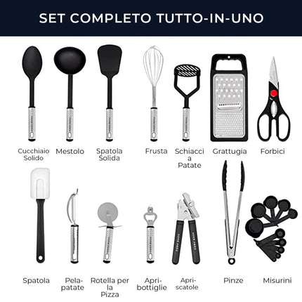 Utensili Cucina Set Termoresistenti al Calore e Antiaderente - Mestoli Spatola Cucchiaio Frusta Pinze Forbici (25 pezzi Nylon Set)