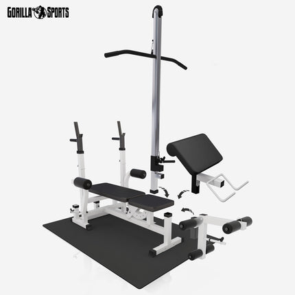 Panca Multifunzione - 46 Pezzi, Panca Regolabile, Portabilanciere, Butterfly, LAT Machine, Tappetino Fitness, 2 Bilancieri, 2 Manubri, 14 Dischi 100 kg - Stazione Fitness