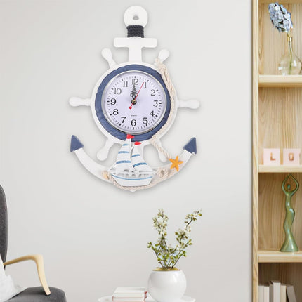Alide Orologio con ancora in stile mediterraneo, orologi da esterno, orologio da parete con ancora nautica, volante di nave, rete da pesca, per decorazioni a tema spiaggia e mare