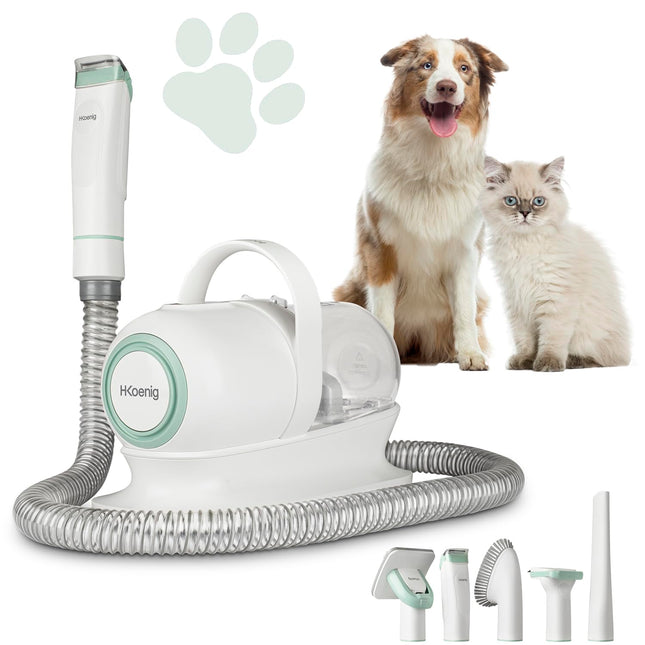 H.Koenig Aspiratore e Macchina per Toelettatura di animali domestici PAW400,Tutti i tipi di peli, Aspirazione,Taglio e Spazzolatura,9 Accessori,Ciotola rimovibile 1L,3 velocità di aspirazione, Bianco