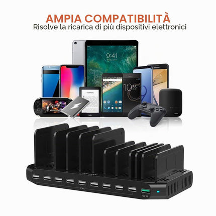 Alxum 10 Multipla Porte Stazione di Ricarica 60W con Carica Rapida QC3.0, Caricabatteria Multiplo USB Caricatore Multiplo Smartphone con divisori staccabili, Nero