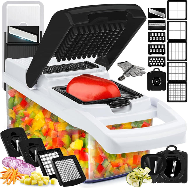 Tagliaverdure multifunzionale 25 in 1, 13 lame in acciaio inossidabile di qualità alimentare, affettatrice-spiralizzatore con contenitore 1,25L, antiscivolo e anti-taglio, per cucina, insalata