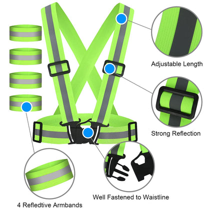 URAQT Gilet Catarifrangente e Bande Catarifrangenti, 2PCs Gilet Riflettente Corsa Alta visibilità e 4PCs Fasce Riflettenti, Regolabile Elastico Bande Riflettenti per Bici Jogging Ciclismo Sport