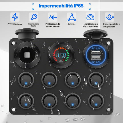 Geloo Pannello Interruttori a Bilanciere 12V/24V Impermeabile Levetta 8 Interruttore con Voltmetro Digitale Accendisigari Doppio Caricatore USB da 4,2 A per Barca, Auto, RV, Camper