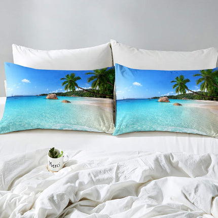 Homewish Set di biancheria da letto con copripiumino e 2 federe per letto matrimoniale con motivo oceano, ideale come decorazione per la spiaggia, ideale per le vacanze hawaiane, con palme tropicali,