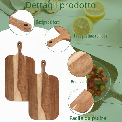 ZOFUN 2 taglieri in legno grande, 38 x 19,5 x 1,5 cm, tagliere in legno di acacia con manico per carne, formaggio, pane, verdure e frutta, con manico