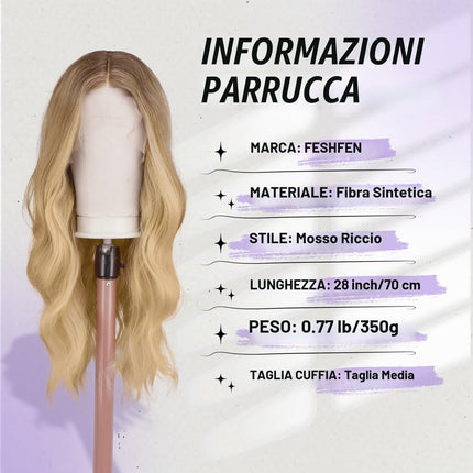 FESHFEN Parrucca Lace Front Parrucche Sintetiche senza colla Lunghe Ondulate con HD Lace per Donne, Ombre Marrone Biondo 70 cm