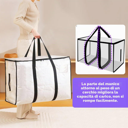 ZOVRIXIA 4 Pezzi 90L Grandi Borse per Trasloco, Trasparente Salvaspazio Scatoloni per Trasloco con Cinghie per Zaino Zip e Manici, Impermeabili Rinforzate Sacchi per Vestiti Piumoni Oggetti