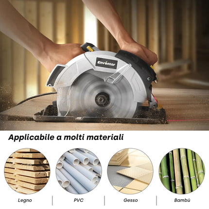 Sega Circolare 1200W con Guida Laser, per Legno, 2 Lama da 185mm (24T&40T), 5800RPM,Taglio Massima:62mm (90°) e 42mm (45°),Motore Di Rame Puro,Inclusa Guida di Rip