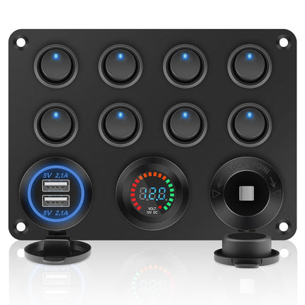 Geloo Pannello Interruttori a Bilanciere 12V/24V Impermeabile Levetta 8 Interruttore con Voltmetro Digitale Accendisigari Doppio Caricatore USB da 4,2 A per Barca, Auto, RV, Camper