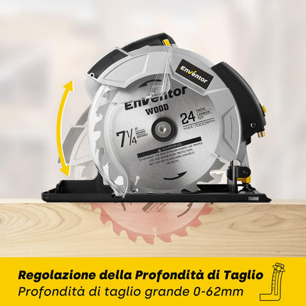 Sega Circolare 1200W con Guida Laser, per Legno, 2 Lama da 185mm (24T&40T), 5800RPM,Taglio Massima:62mm (90°) e 42mm (45°),Motore Di Rame Puro,Inclusa Guida di Rip