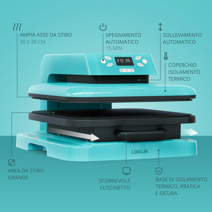 LOKLIK - Pressa Termica Automatica per Personalizzare Magliette, Maglioni, Coperte, Asciugamani, Borse e Altri Tessuti Pressa Riscaldante Compatta Termoadesiva Stampa Tessile (Blu)