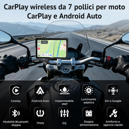 Wonsidary W722TPMS Schermo CarPlay Moto 7" Senza Fili con Android Auto,TPMS