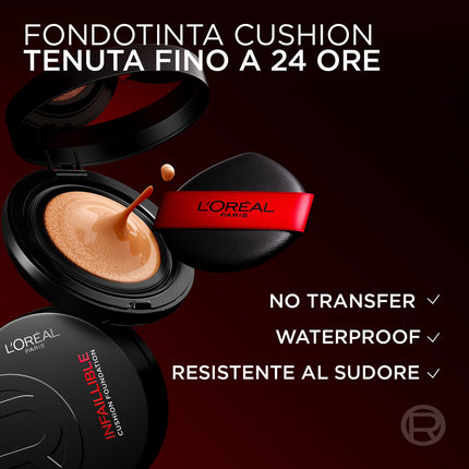 L'Oréal Paris Fondotinta Cushion, Per Tutti i Tipi di Pelle, Tenuta 24H, Pelle Uniforme e Senza Imperfezioni, Formula Leggera e Traspirante, Infaillible Air Wear Cushion, Tonalità: 120, 11 g