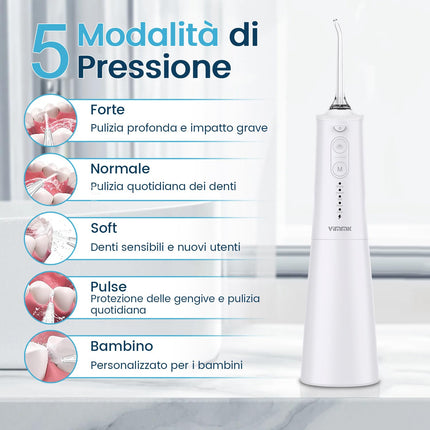 Vimmk Irrigatore Orale Senza Fili, Idropulsore Dentale ad Acqua con Irrigatore Orale Dentale Ricaricabile Impermeabile IPX7 per Viaggi a Casa (Bianco)