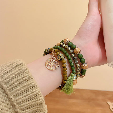 DHSBGWSX 8 bracciali di perle in legno, stile etnico bohémien, con ciondolo a nappa, regalo per gioielli, braccialetto elastico con perle di legno, Taglia unica