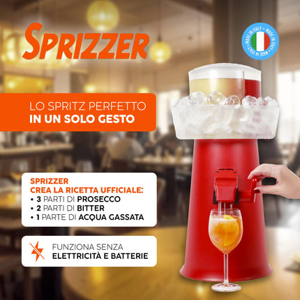 Sprizzer - Sprizzer Machine per lo Spritz, Dispenser con Miscelatore per Aperitivo e Aperol Spritz, Contenitore per Ghiaccio, 3L, Erogatore Manuale senza Elettricità o Batterie, Rosso, Made in Italy