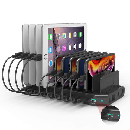 Alxum 10 Multipla Porte Stazione di Ricarica 60W con Carica Rapida QC3.0, Caricabatteria Multiplo USB Caricatore Multiplo Smartphone con divisori staccabili, Nero