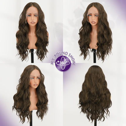 FESHFEN Parrucca Lace Front Parrucche Sintetiche senza colla Lunghe Ondulate con HD Lace per Donne, Castano con Riflessi 70 cm