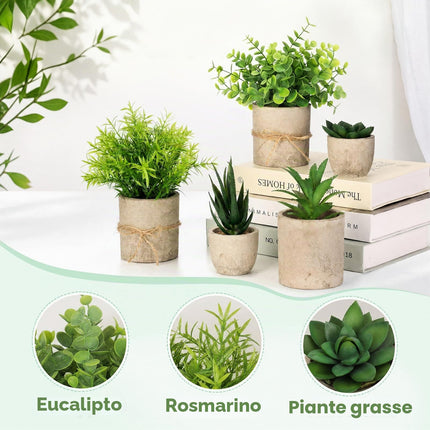 Cozary 5 Pezzi Piante Artificiali, Pianta Finta Realistica, Piantine Finte Decorative con Vasetto, per Decorazione Casa Ufficio Scrivania Tavolo Cucina Balcone Matrimonio Bagno di Casa