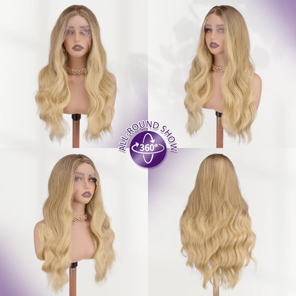 FESHFEN Parrucca Lace Front Parrucche Sintetiche senza colla Lunghe Ondulate con HD Lace per Donne, Ombre Marrone Biondo 70 cm