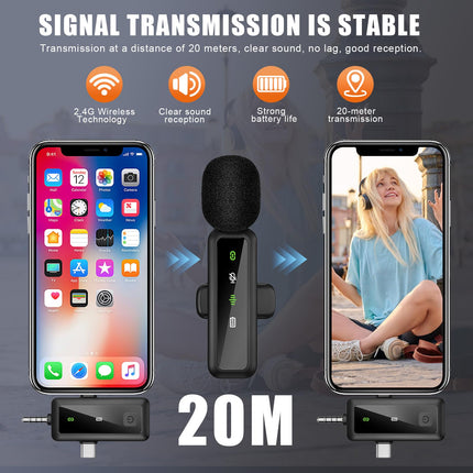 3 in 1 Mini Microfono per Smartphone Pc Fotocamere, Microfono Lavalier Wireless Bluetooth senza Fili con Cavo Ricarica Type-C, Riduzione del Rumore, Plug-Play, per Podcast Video Live Intervista Gaming