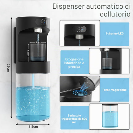 Dalugo Dispenser Automatico per Collutorio, 600ml Fissaggio a Parete, 2 Bicchieri Magnetici, Nero, Elettrico, Per Bambini e Adulti, Bagno
